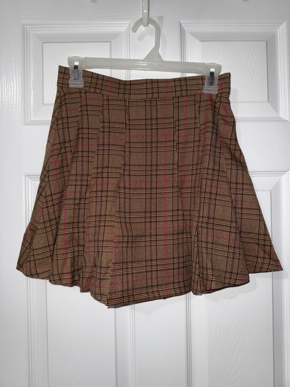 easel Brown Plaid Circle Skirt with Pink Accent